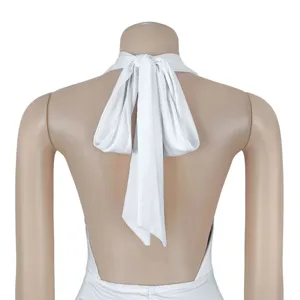White halter backless evening dress detail view, elegant slim fit party gown for women.