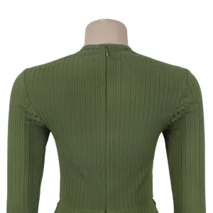 Back detail of olive green ribbed long sleeve jumpsuit showcasing the clean zipper design.