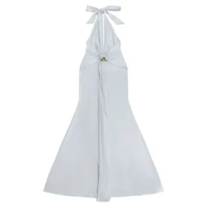 Elegant white halter deep V pleated mermaid evening dress with golden chest metal ornament.