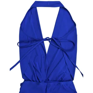 Sexy royal blue halter deep V neck ruched backless party clubwear jumpsuit playsuit shorts.