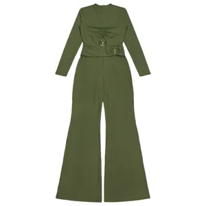 Olive green ribbed long sleeve high waist flare jumpsuit, elegant casual commuter detail