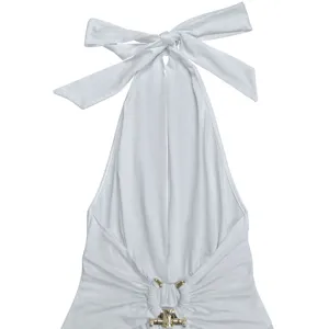Elegant white halter deep v evening dress with waist metal ring and stylish ruffles.