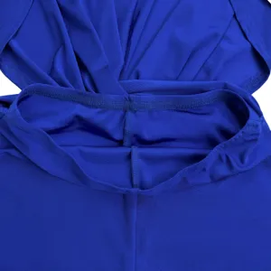 Close-up detail of royal blue halter neck strap jumpsuit stitching and fabric texture.