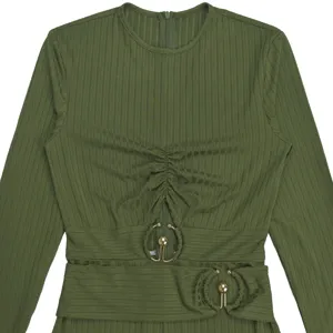 Green ribbed long sleeve jumpsuit detail, cutout chest design and metal waist buckle accent.