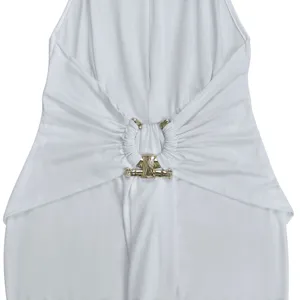 White halter neck dress detail close-up showcasing elegant ruched waist and gold buckle.