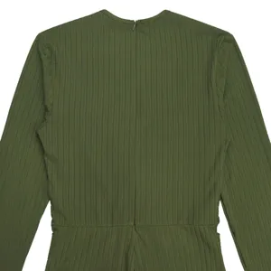 Olive green ribbed long sleeve jumpsuit back view detail, comfortable casual daily wear.