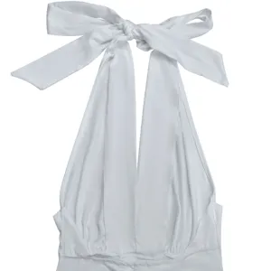 White halter neck detail, deep V-cut and elegant bow tie design for evening dress.