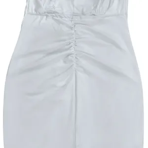 Detail view of white evening dress back ruching texture, elegant slim fit party gown fabric.