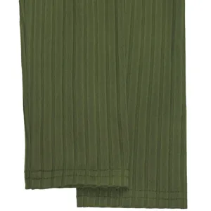 Close-up detail of olive green ribbed long sleeve fabric cuff with neat double-stitched hem.