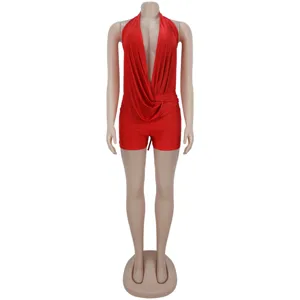 Red halter deep V sleeveless romper jumpsuit sexy clubwear party outfit summer shorts.
