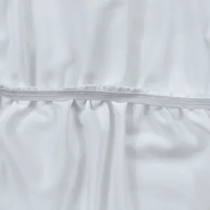 White dress close-up fabric detail, showing soft elastic ruched shiring craftsmanship.
