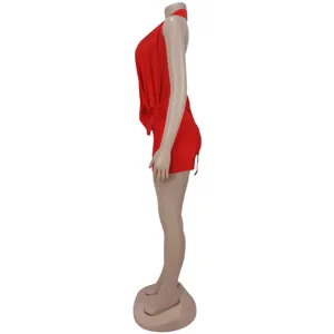 Side profile detail view of the red sexy halter deep-V waist-cinching shorts romper.