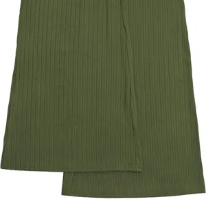 Olive green ribbed jumpsuit detail view, featuring high waist and stylish flared wide leg design.