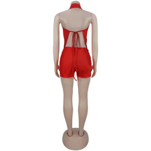 Red sexy halter neck open back backless romper clubwear party lace-up jumpsuit shorts