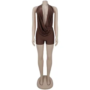 Detailed view of the sexy halter deep V draped brown party romper shorts with exquisite style.