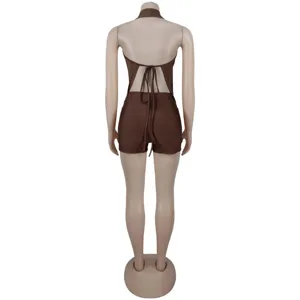 Back view details of sexy brown halter strap romper, solid color open back playsuit.