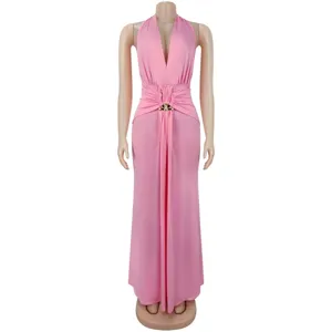 Pink halter deep V-neck ruched evening dress featuring a stylish metallic waist buckle detail.