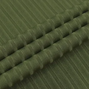 Detailed view of dark green ribbed knit fabric texture, soft elastic textile material swatch.