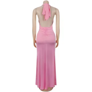 Pink backless halter neck maxi dress back view, elegant evening party gown apparel detail.