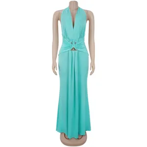 Elegant turquoise halter neck deep V-neck ruched fishtail evening party dress for women.