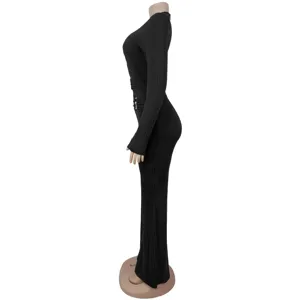 Fashionable black ribbed long sleeve high waist wide leg casual commuter jumpsuit