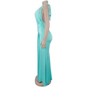 turquoise halter neck deep v ruched mermaid evening party long dress sleeveless gown