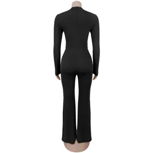 Black ribbed long sleeve high waist flared jumpsuit back detail view fashion wear