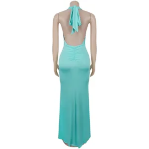 Back detail of mint green halter neck evening dress with charming ruched design and slim fit.