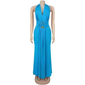 Elegant halter-neck deep V sleeveless evening dress in bright blue with stylish waist gathering.
