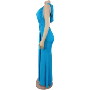 Side detail view of blue halter neck deep V pleated fishtail evening dress back design.