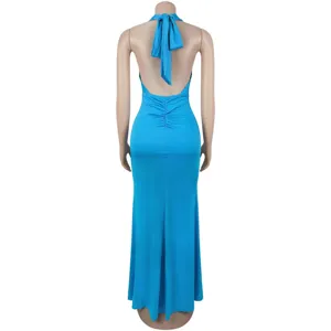 Back view of a stunning bright blue halter backless ruched fishtail evening party dress.