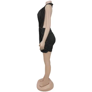 Sexy black halter neck bodycon mini dress, sleeveless deep V backless party club dress.