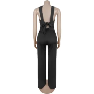 Black open-back bow detail wide-leg jumpsuit, elegant commuting sleeveless two-piece.