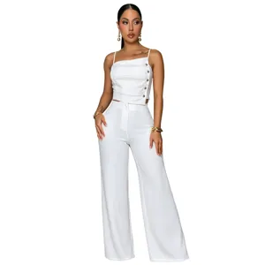 Elegant women solid pleated metal button camisole top and wide-leg trousers two-piece set white