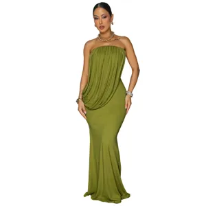 Detailed view of the elegant olive green strapless draped fishtail long evening dress for women.