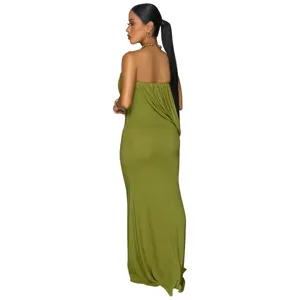 Olive green strapless draped mermaid long dress featuring elegant bodycon fit for evening parties.