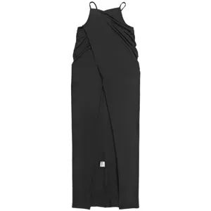 Black spaghetti strap crossover slit midi dress for evening party elegance and chic style.
