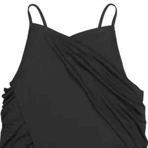 Black camisole detail, featuring delicate thin straps and elegant crossover V-neck draped fabric.