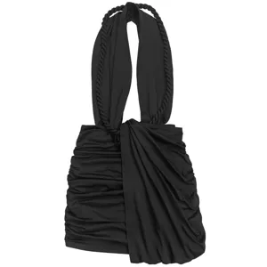 Detailed view of the sexy black halter neck ruched mini dress showing draped texture.