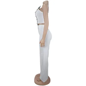 White pleated camisole and wide leg pants two piece set, side view detail display.