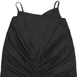 Close-up detail of black spaghetti strap V-neck crossover ruched elegant party dress
