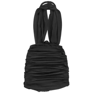 Detailed view of the sexy black halter neck bodycon mini dress with ruched design, stylish clubwear.