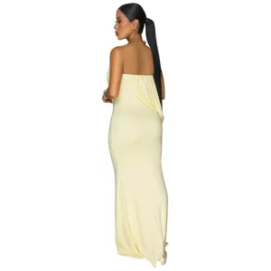 Elegant yellow strapless drape fishtail long evening dress for women party formal wear.