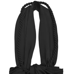 Black halter dress detail with stylish braided straps and deep V neckline for womenwear.