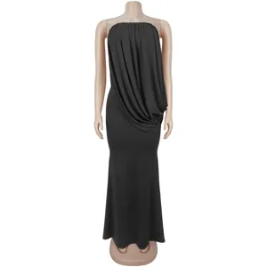 Black strapless draped mermaid maxi dress for elegant evening party wear and club events.