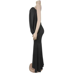 Black strapless draped mermaid long dress side view, elegant evening party gown detail shot.