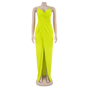 Neon yellow spaghetti strap V-neck cross cutout slit evening banquet bodycon maxi dress