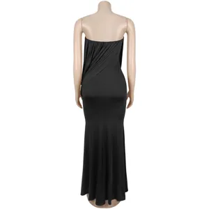 Back view detail of black strapless mermaid dress, showing draped and ruched aesthetic design.