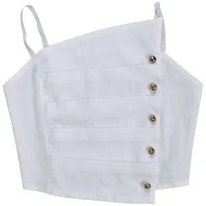White asymmetrical pleated camisole top with elegant gold tone buttons for women summer wear.