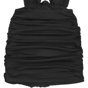 Black ruched halterneck mini dress detail, sexy bodycon design, perfect for party wear.
